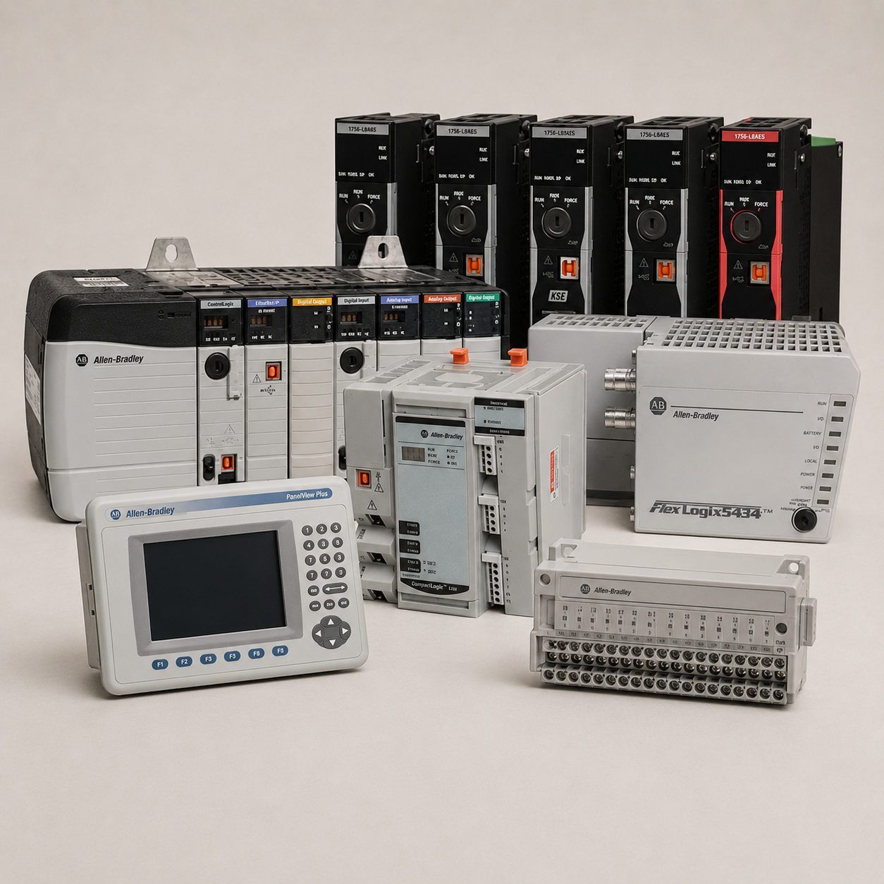 Collection of industrial automation control devices, including programmable logic controllers (PLCs), human-machine interface (HMI) panel, and power supplies.