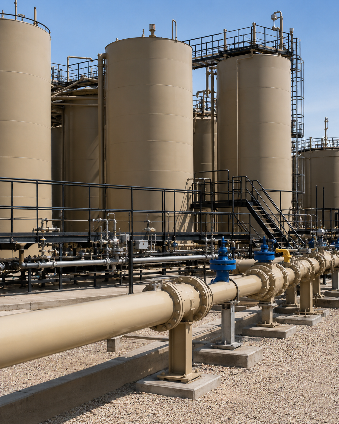 Industrial facility with large beige storage tanks, pipes, and valves under a clear blue sky.