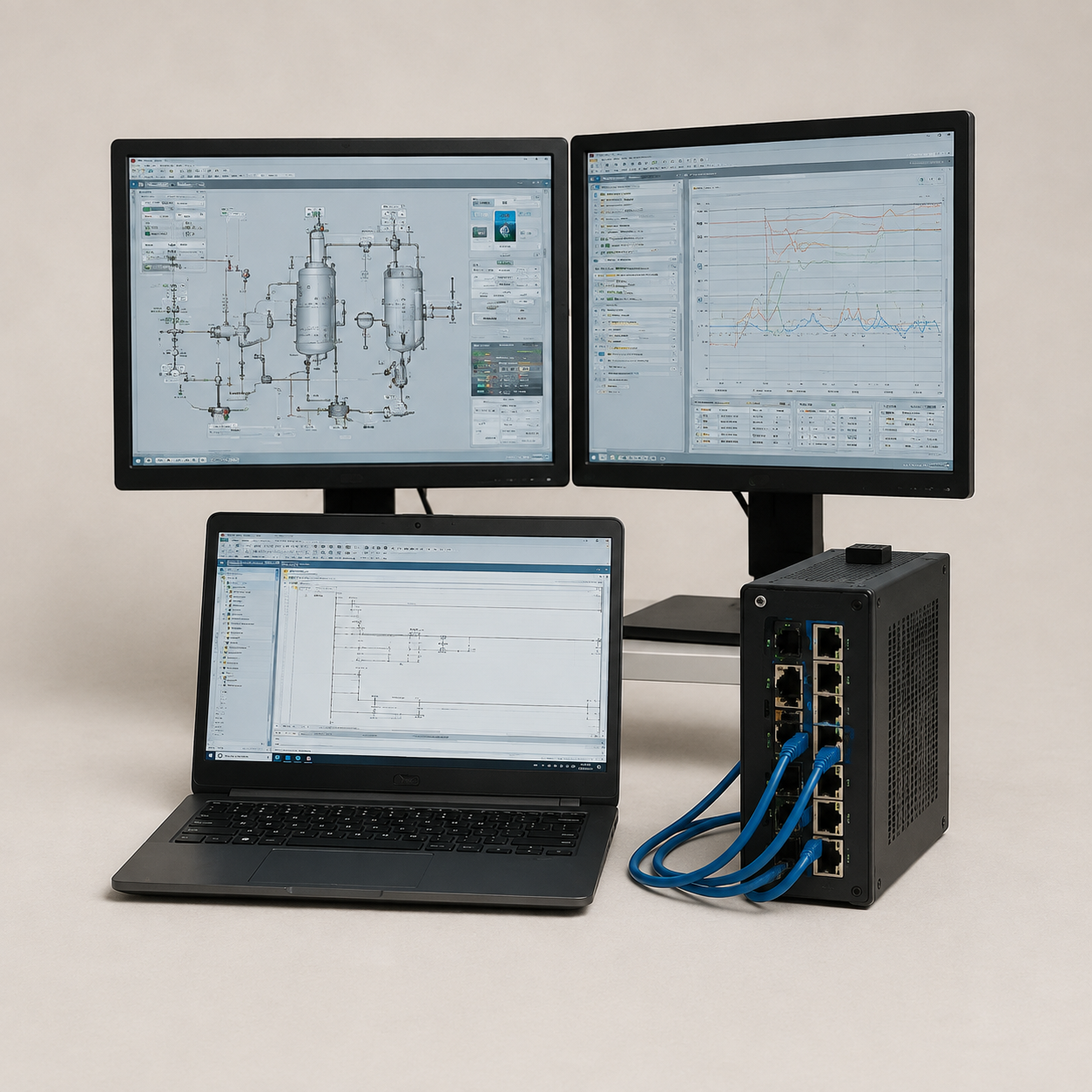 Computer setup with two monitors displaying technical diagrams and data charts, a laptop with a wiring diagram, and a network switch with connected cables.