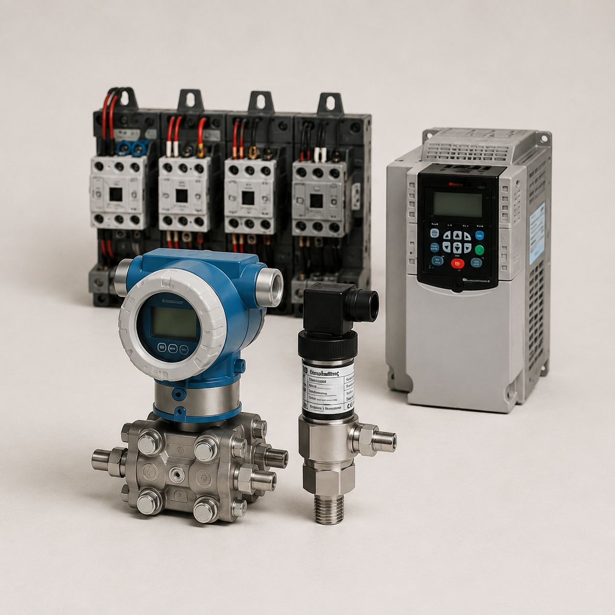 Industrial control equipment including variable frequency drives, a pressure sensor, and a flow meter.