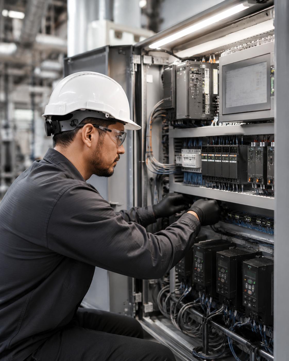 An engineer wearing safety glasses, a white hard hat, and black gloves working inside an industrial control panel.