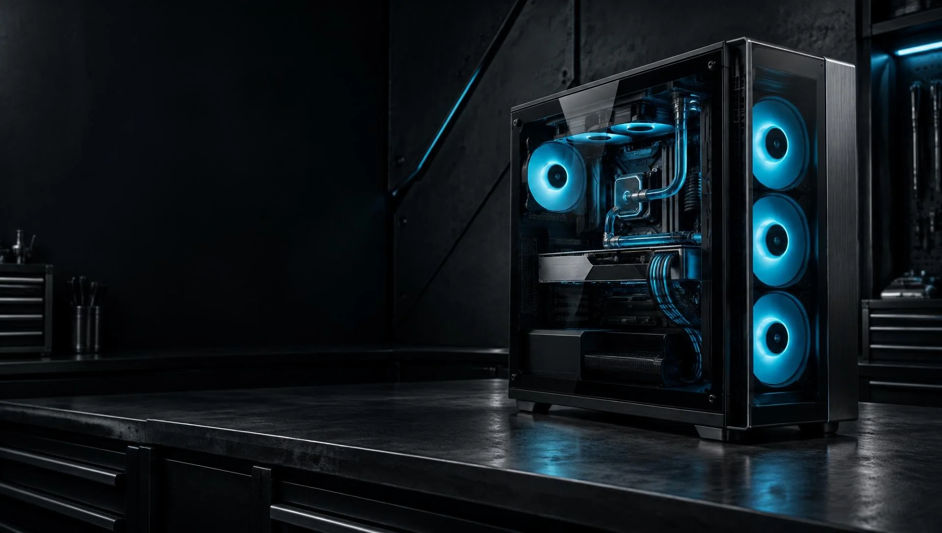 High-end gaming or custom computer with transparent side panel, illuminated by blue LED lights, showing internal components and cooling system