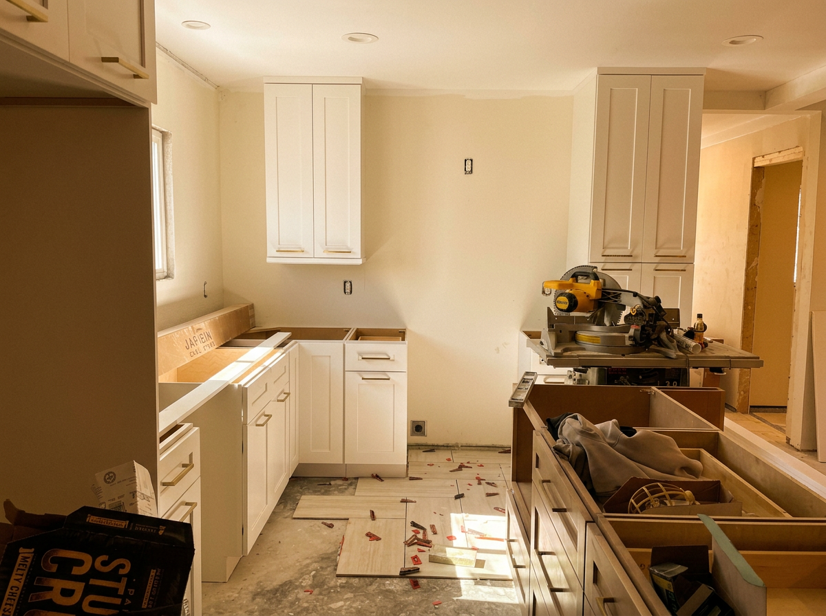 Kitchen under renovation with white cabinets, a miter saw on a countertop, and scattered tiles and tools on the floor.