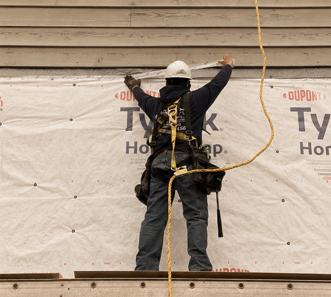 Construction worker installing house wrap on a building exterior, wearing a safety helmet and harness.