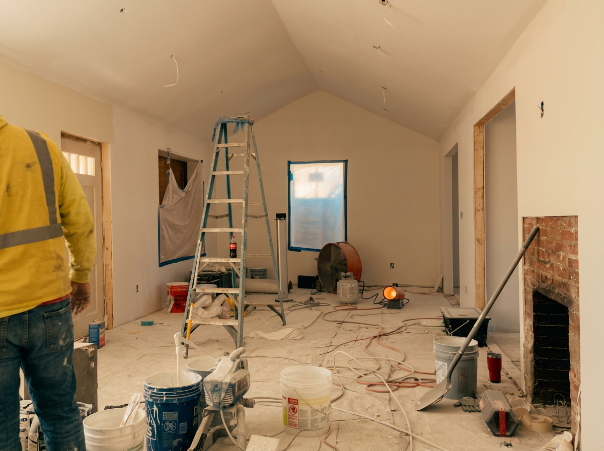 Undeveloped interior room under construction with ladders, buckets, construction tools, and a partially built fireplace.