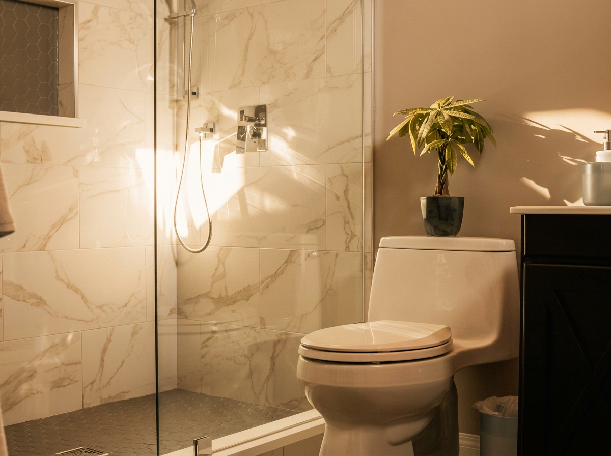 Bathroom with a glass-enclosed shower, a potted plant on the toilet, a small trash bin, and a dark bathroom vanity.