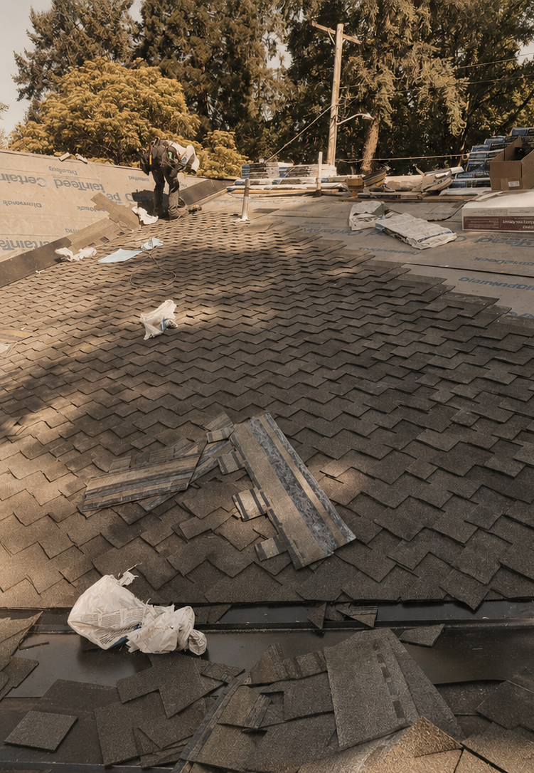 A person working on a rooftop with asphalt shingles, surrounded by roofing materials and debris, with trees and utility poles in the background.