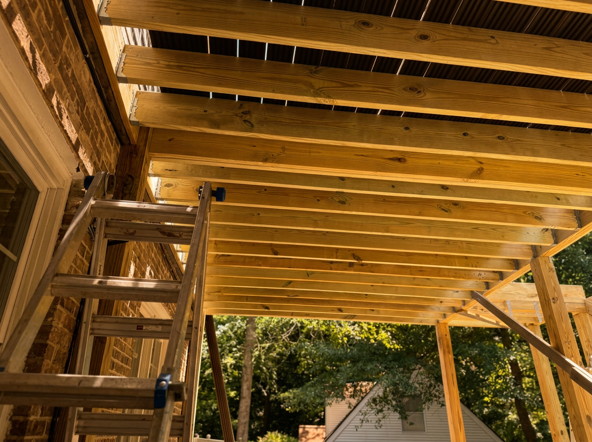 Construction of a wooden deck or porch extension with visible wooden beams and support posts, an aluminum ladder leaning against the brick wall of a house, and trees in the background.