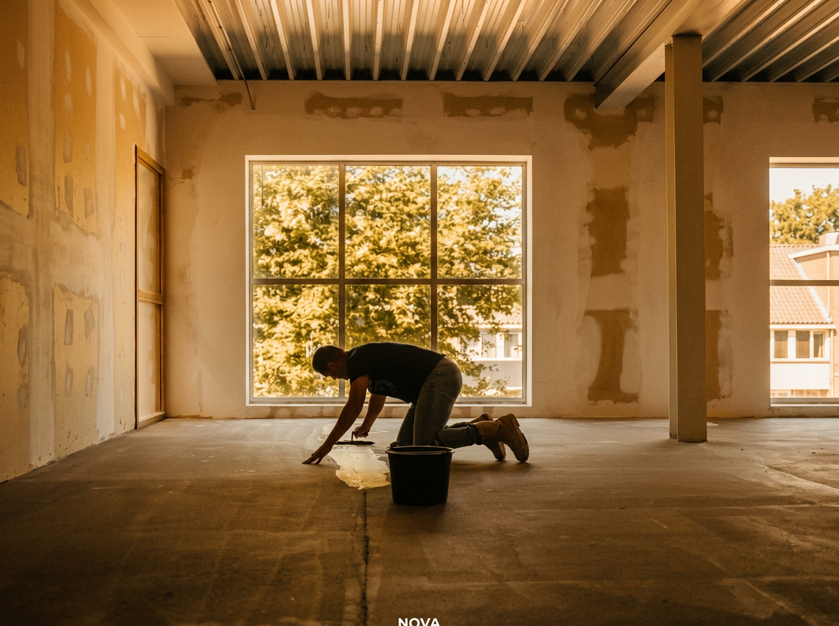 A person kneeling on the floor in an unfinished room, working on the surface with tools inside a building under construction or renovation.