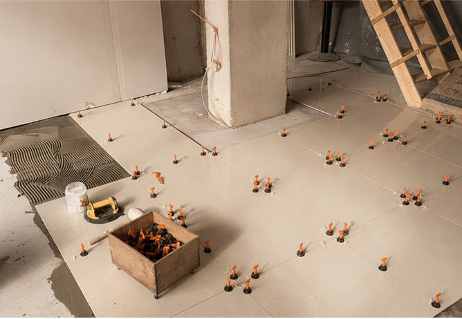 Under construction floor with tile spacers and partial tiles in a building interior.