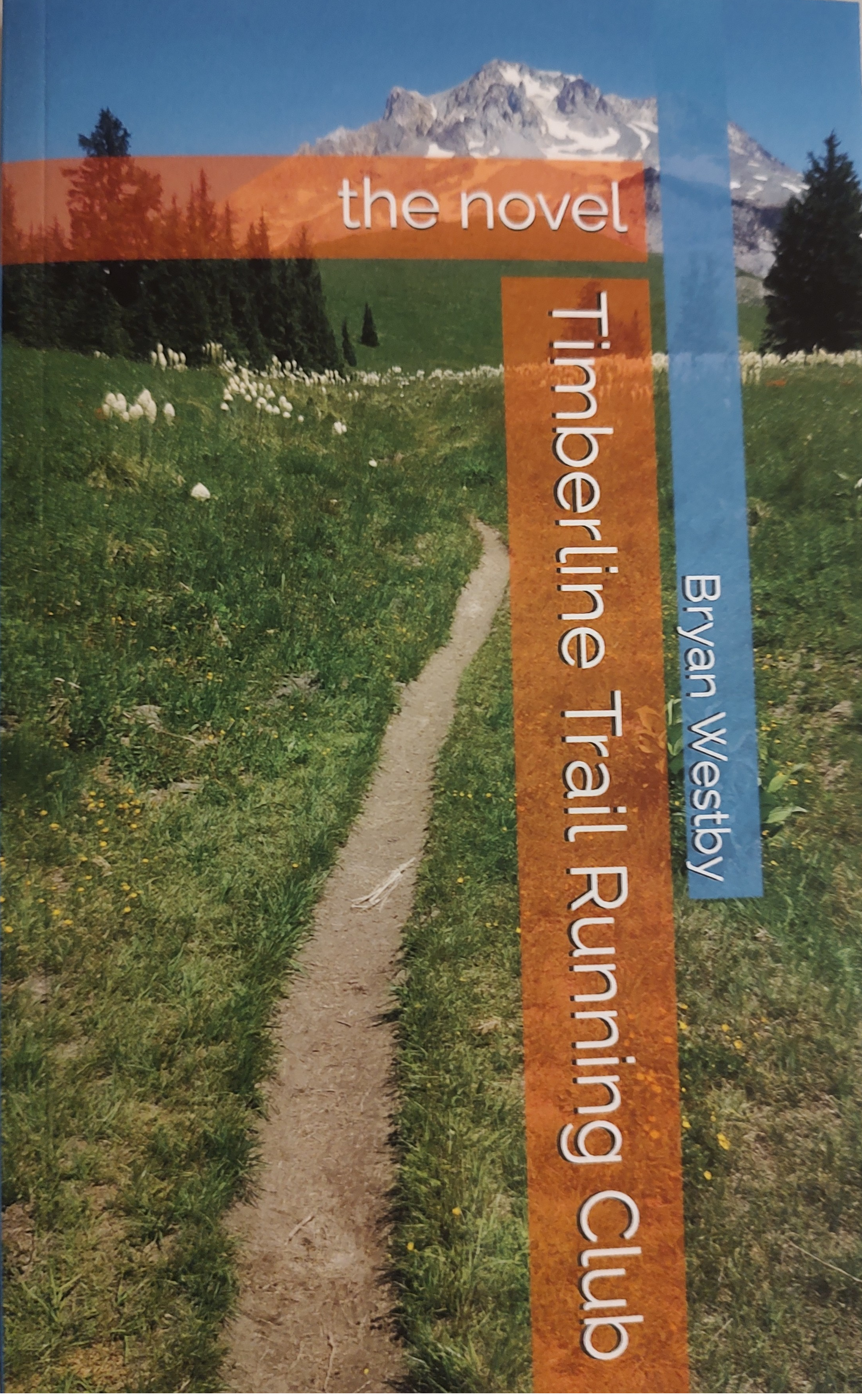 Timberline Trail Running Club, the novel, by Bryan Westby: A rugged, adventurous dirt trail leading up to the peak of Mt Hood with grasses, flowers, and Douglas fir trees.