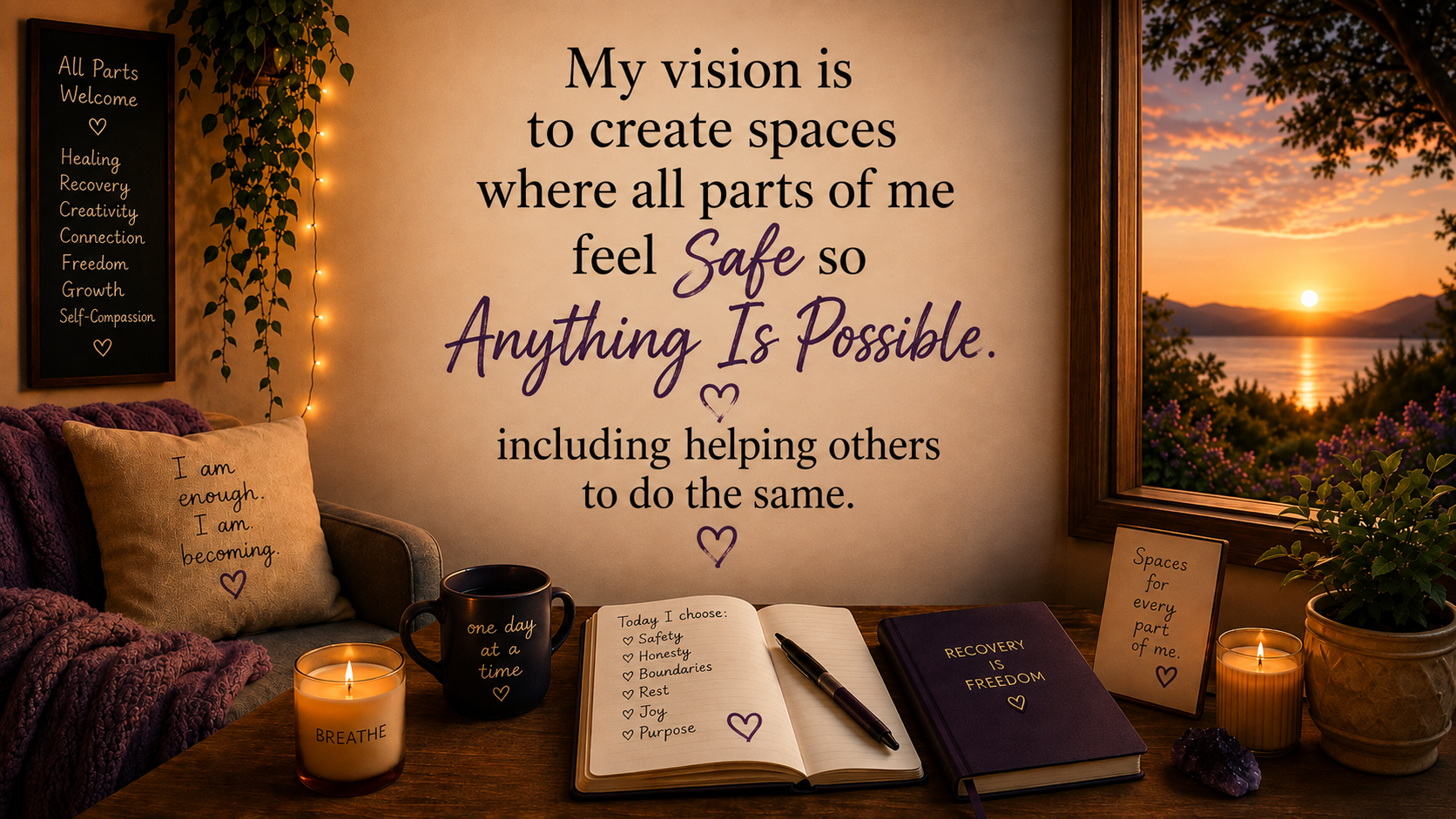 A cozy room with a large inspirational quote on the wall that says, "My vision is to create spaces where all parts of me feel safe so anything is possible, including helping others do the same." There is a window showing a sunset over a lake and mountains. The room has a couch with a pillow that says, "I am enough. I am becoming." Next to the pillow, there is a lit candle with the word "BREATHE" on it. On the table, an open journal with a checklist, a pen, a closed journal titled "Recovery is Freedom," a small framed note that says, "Spaces for every part of me," a potted plant, a second lit candle, and a purple crystal.