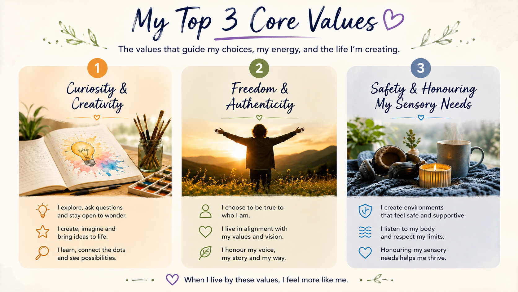 A colorful infographic titled "My Top 3 Core Values" displaying three core values with images and descriptions: 1. Curiosity & Creativity with a notebook and art supplies, 2. Freedom & Authenticity with a person standing in a field at sunset, 3. Safety & Honouring My Sensory Needs with a cozy scene of a cup of coffee, headphones, candle, and plants.