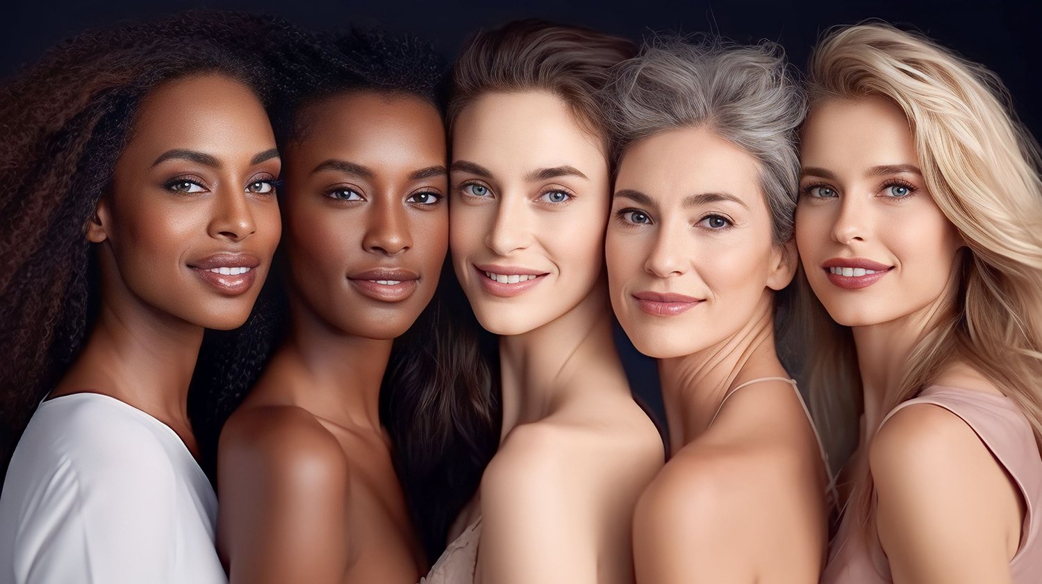 A diverse group of five women with different skin tones and hair colors, all smiling and close together against a dark background.