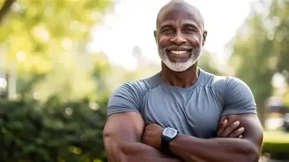 Happy middle-aged man outdoors with arms crossed, smiling, wearing a blue t-shirt and smartwatch.