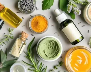 Assorted skincare and essential oils, including a small jar of yellow cream, a green face mask, a dropper bottle, and various herbs and flowers.