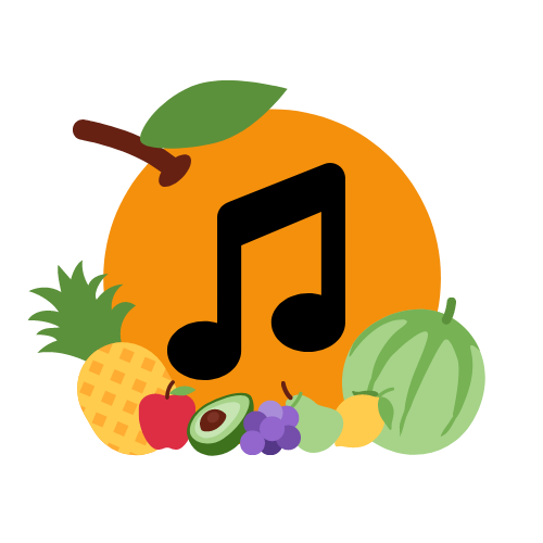 A digital illustration of a large orange with a musical note inside it, surrounded by various fruits such as pineapple, apple, avocado, grapes, watermelon, banana, and a green leafy plant.
