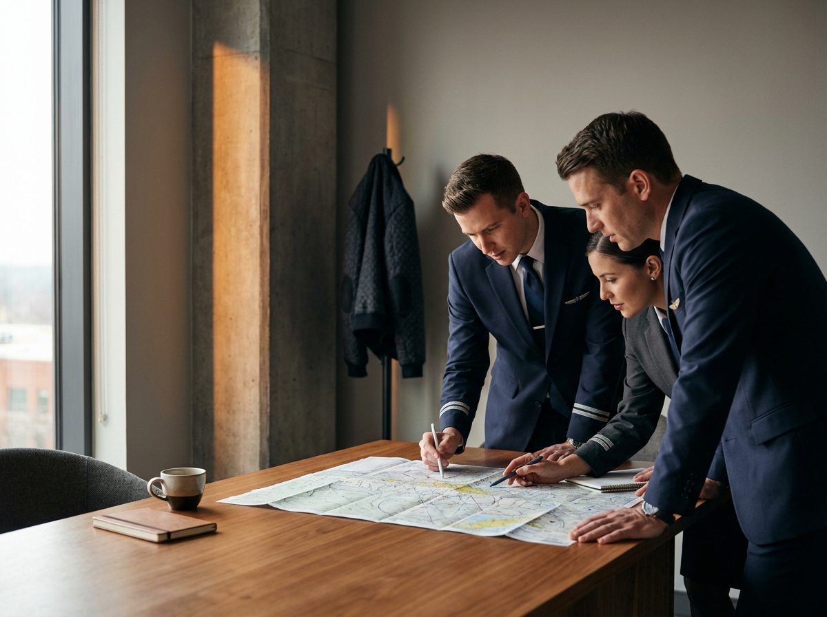 Three professionals in business suits standing around a table, examining and discussing a large map or chart.