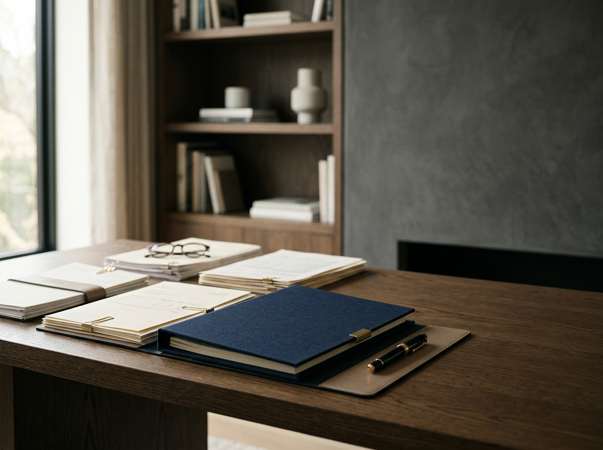 Organized research workspace with files and records representing unclaimed property research and asset recovery.