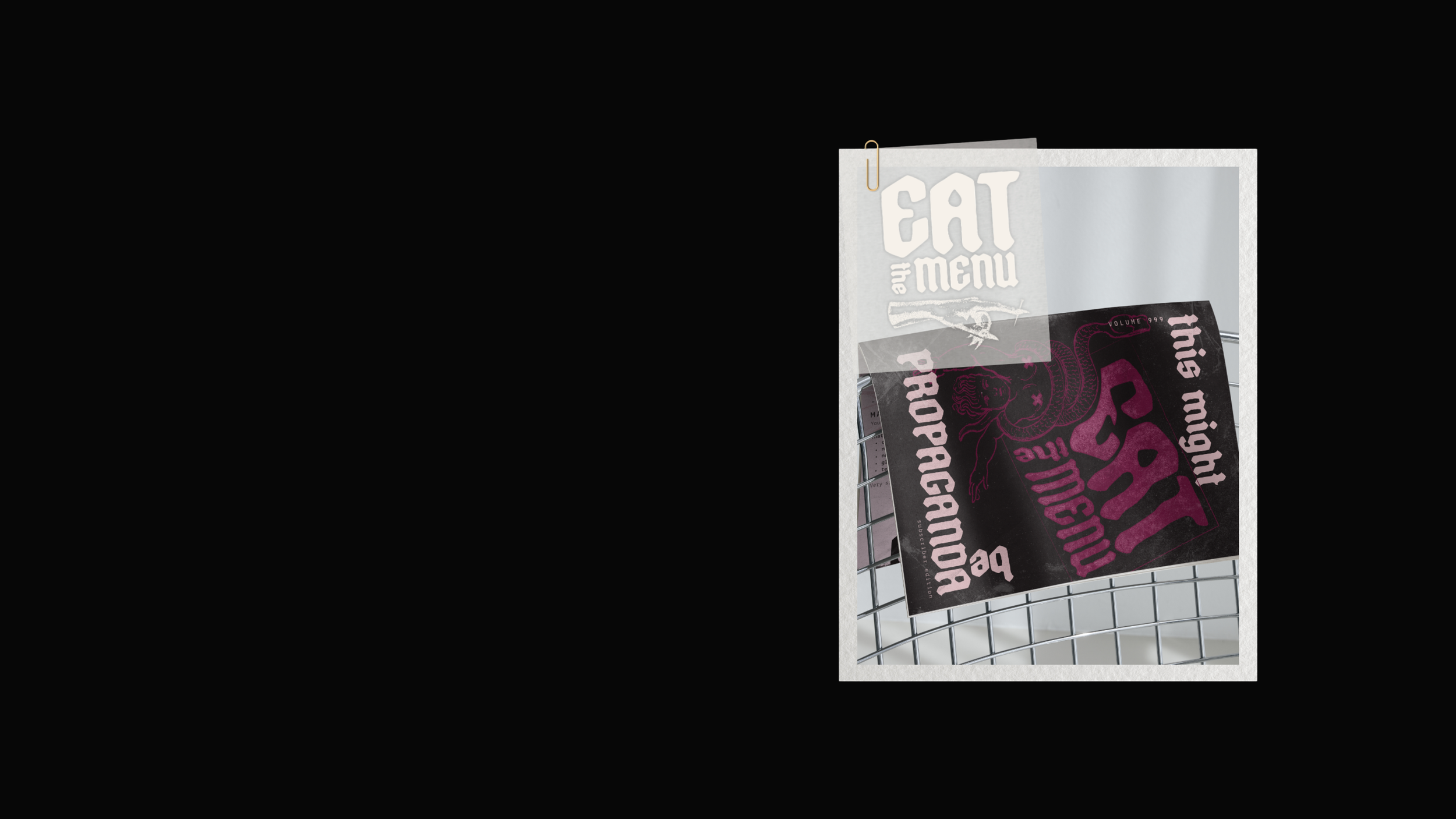 A shopping cart with promotional flyers and a paper sign that says 'EAT the MENU' in white letters on a white background.