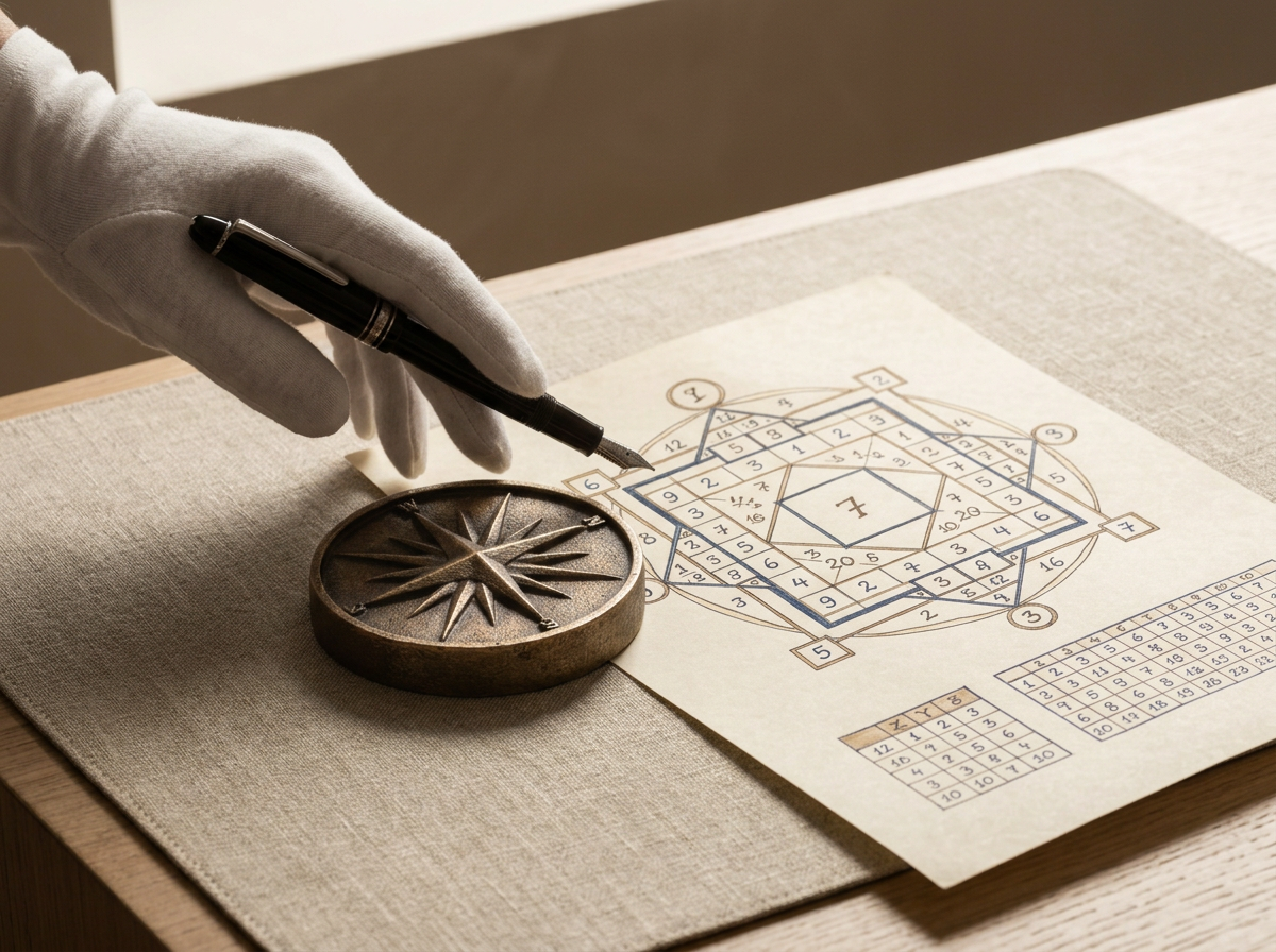 A hand wearing a white glove holds a black pen over a detailed mathematical or puzzle diagram on a sheet of paper, with a small compass-like object nearby.
