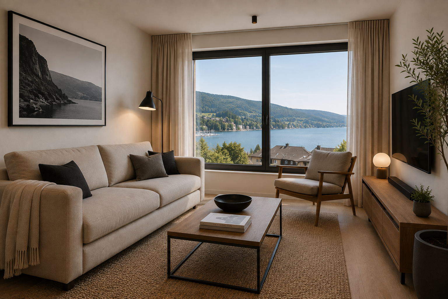 behagliches Wohnzimmer mit Blick auf einen See, beige Couch, Armlehnenstuhl, Couchtisch, TV, Pflanzen, Wandbild, Lampen, Vorhänge, Holzboden.