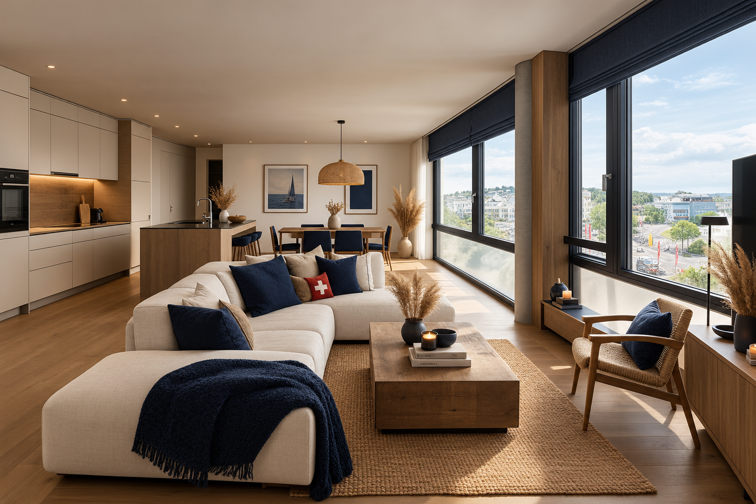 behagliches Wohnzimmer mit weißen Sofa, dunklen Kissen, Kaffee-Tablett mit Kerzen, großen Fenstern mit Blick auf eine Stadt, offener Küche mit Holzarbeiten, Essbereich mit Tisch und Stühlen, dekorativen Pflanzen, warmer Beleuchtung.