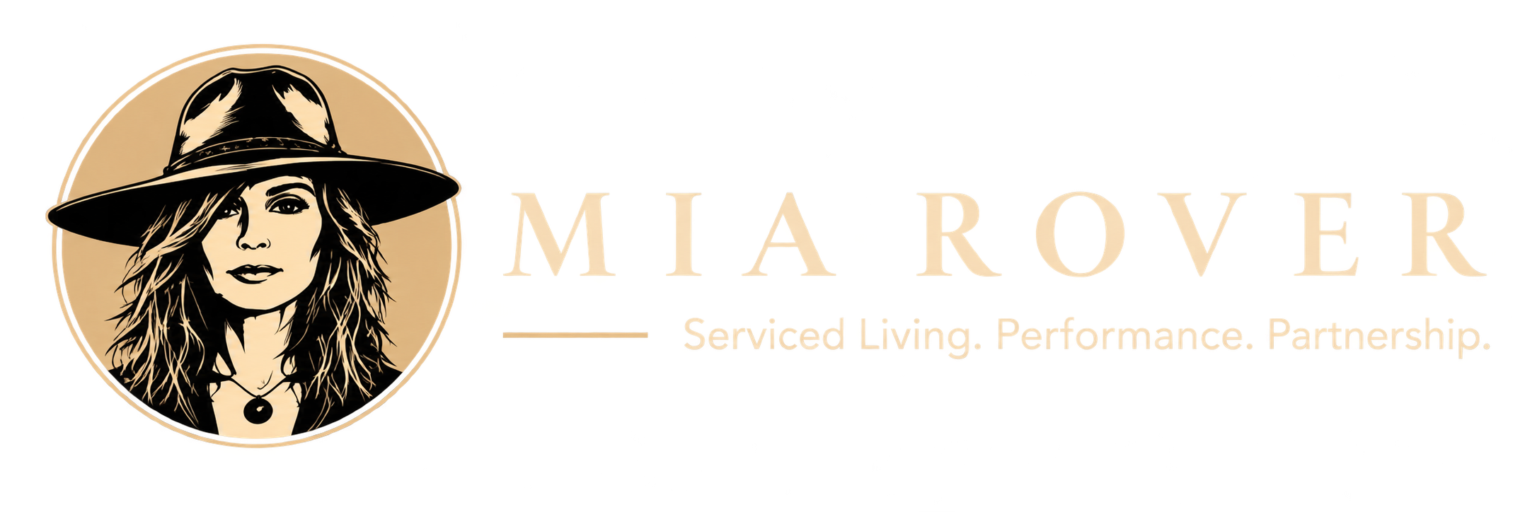 Logo von MIAROVER mit einer Illustration einer Frau mit breitem Hut, Typ Abenteurerin, deren Text lautet: "MIAROVER Service Living. Performance. Partnership."