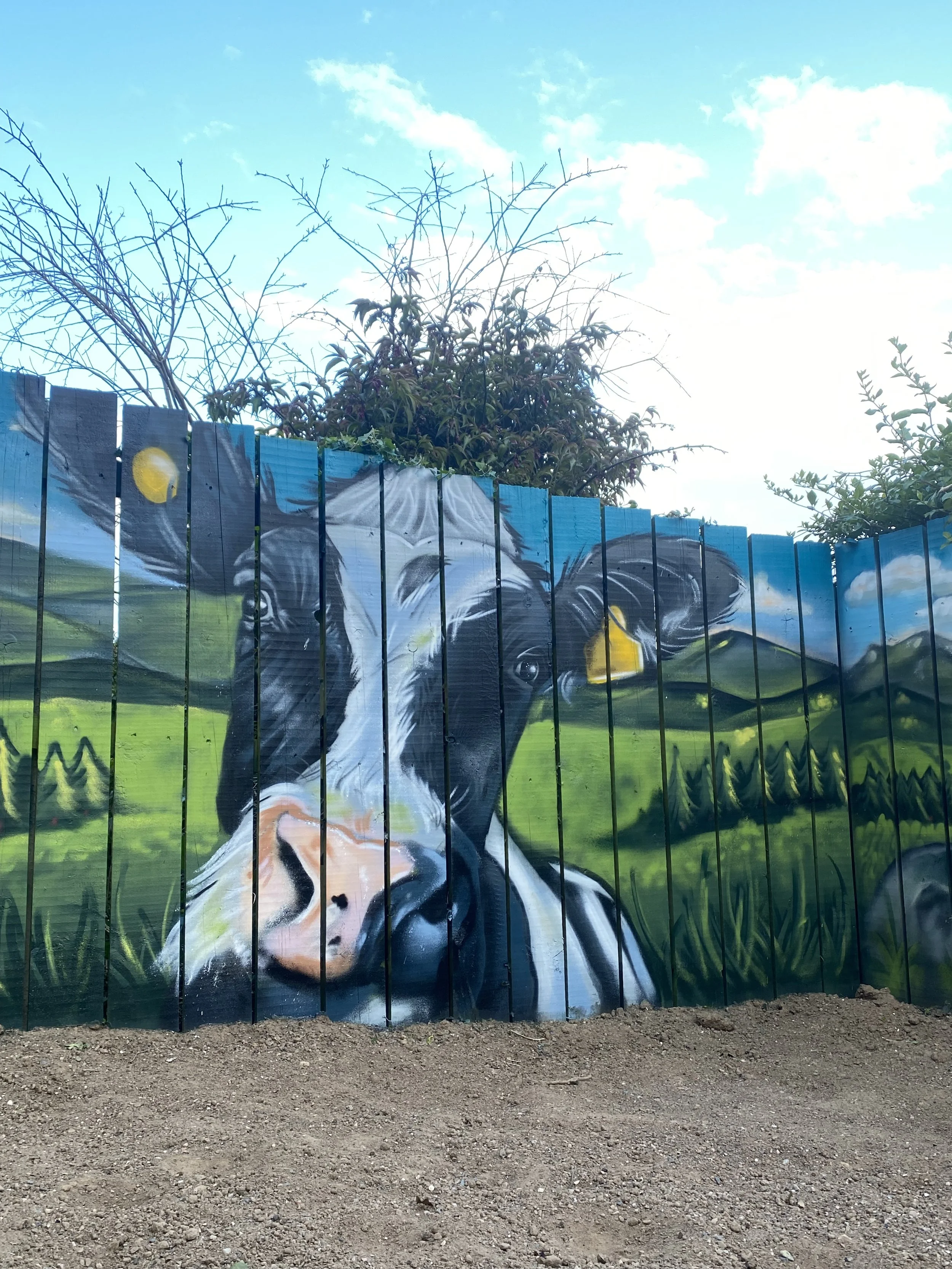 A mural of a white dog lying in grass with mountains, trees, and a bright sky in the background painted on a colorful fence.