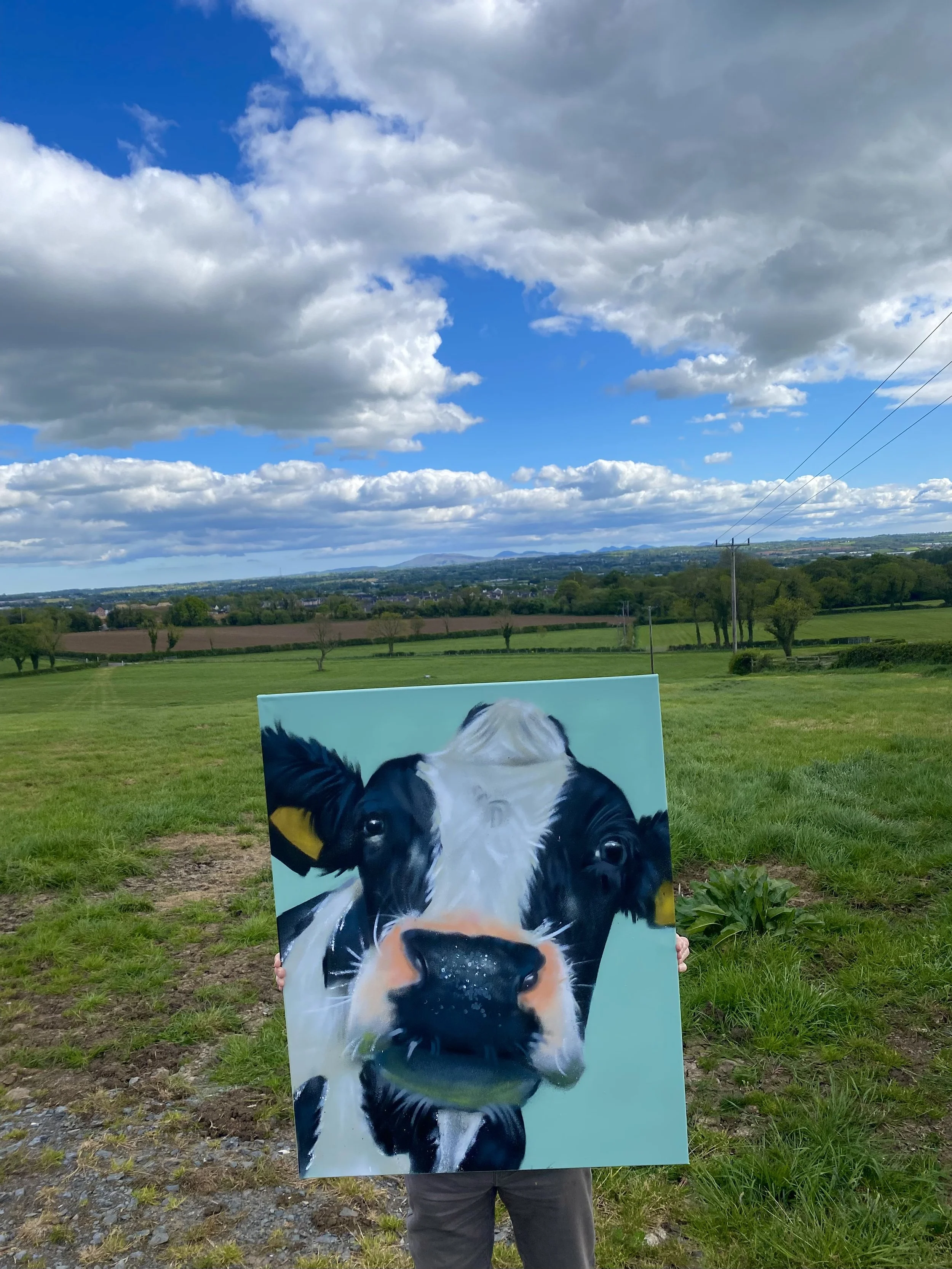 A person holding a colorful painting of a cow's face outdoors in a green field with a partly cloudy sky and distant hills in the background.