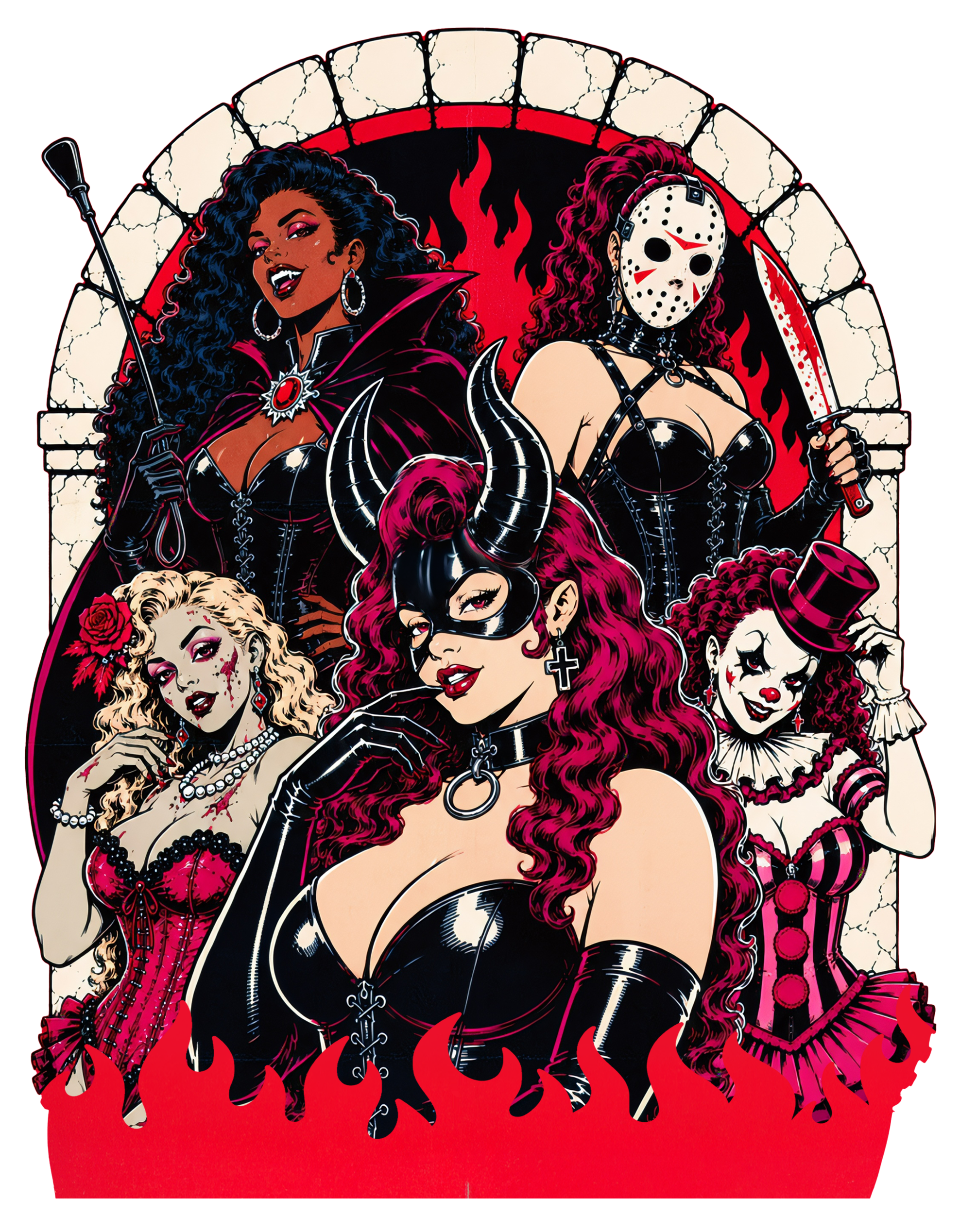 Illustration of three women dressed as horror movie villains, with a background of flames and a stone arch. The characters include a woman with long curly black hair and vampire teeth, a woman in a hockey mask holding a machete, and a woman with long red hair and a black mask with horns. The scene is styled in a comic or graphic novel style with bold colors and lines.