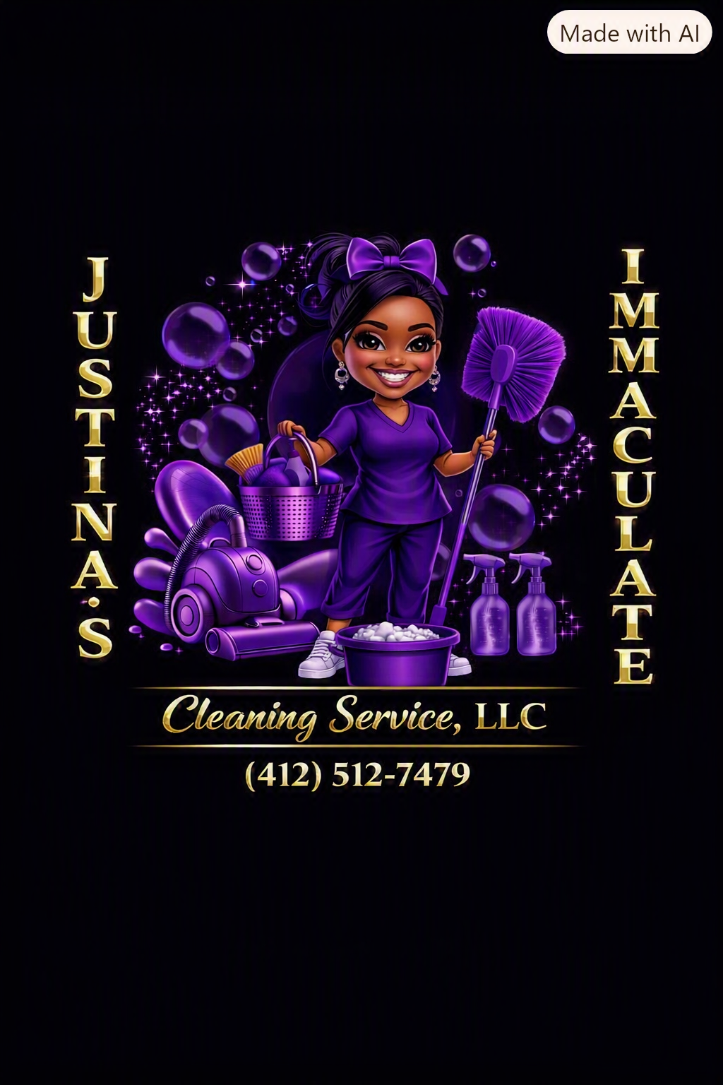 Advertisement for Justina's Cleaning Service, LLC featuring a cartoon woman in purple cleaning uniform holding a duster, surrounded by cleaning supplies and bubbles, with contact number (412) 512-7479.