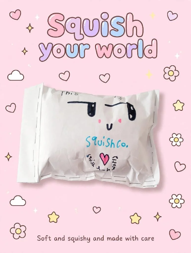 A crumpled white packaging with a hand-drawn face and text, set against a pink background with cute doodles and the caption "Squish your world" and "Soft and squishy and made with care."