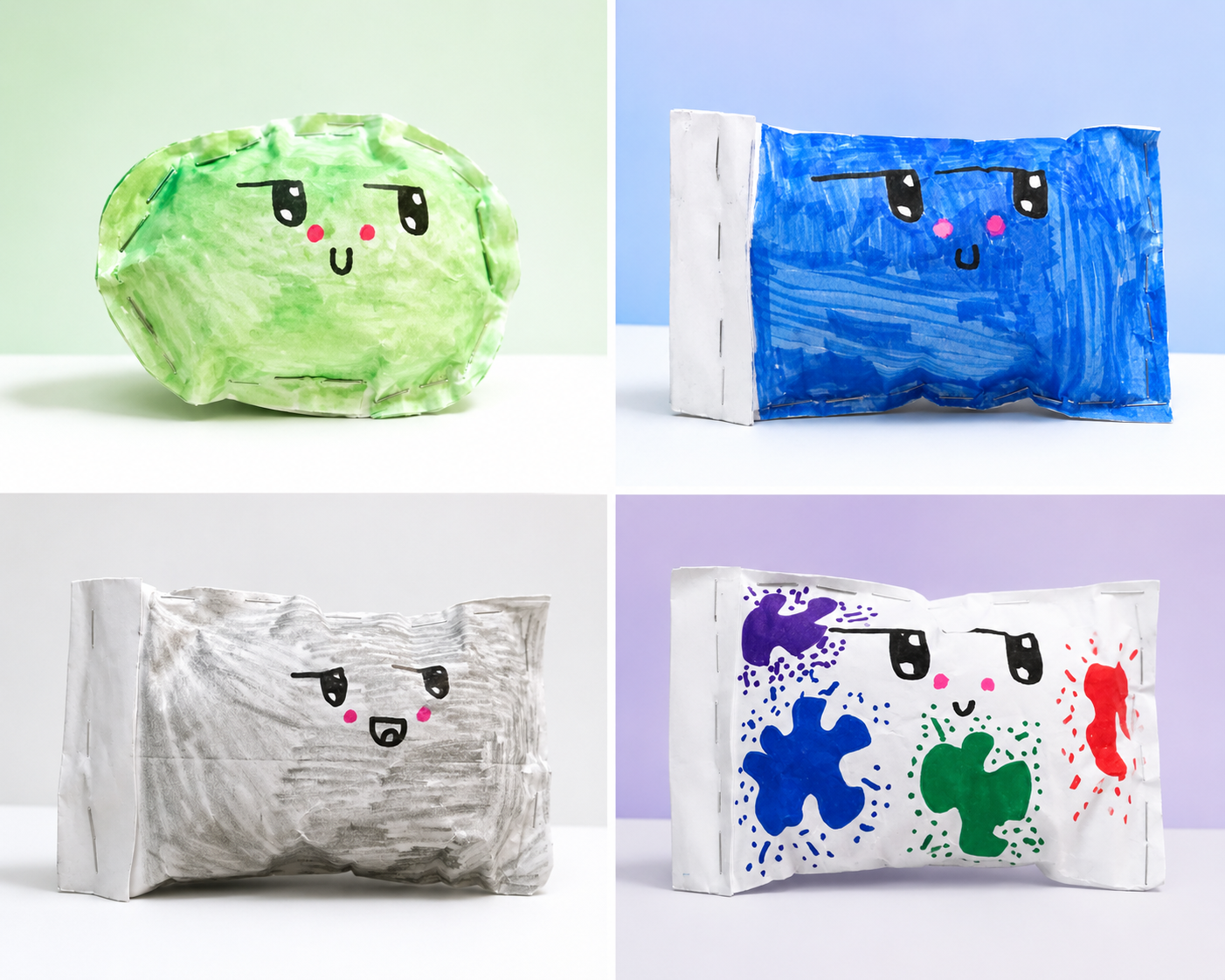 Four colored crayon drawings with cartoon faces on painted paper, each resembling a crayon or eraser, with different backgrounds and expressions.
