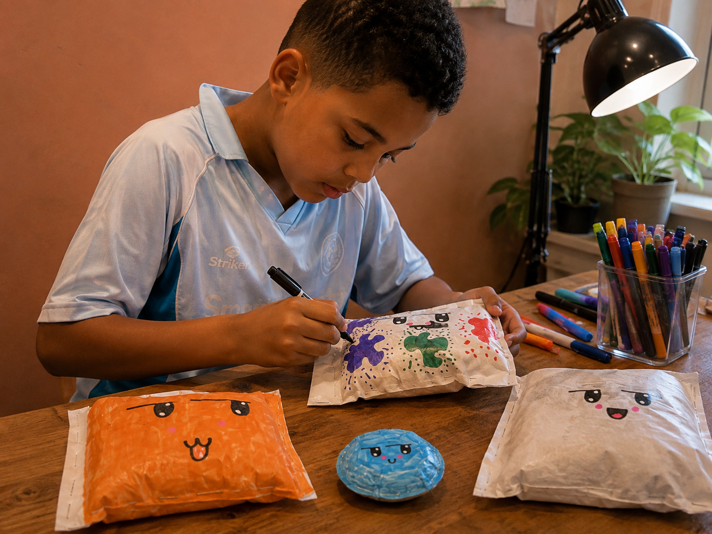 A young boy drawing on a white paper package with a black marker, surrounded by similarly decorated packages, colorful markers, and craft supplies on a wooden table.
