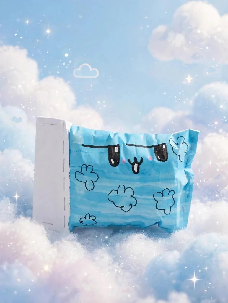 A crumpled tissue box with a cute cartoon face drawn on it, surrounded by clouds and sparkles in a whimsical sky background.