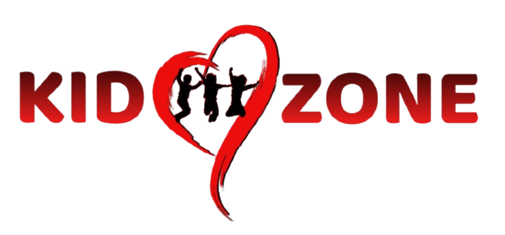 Colorful logo with the word 'KID ZONE' in bold red letters, featuring a red heart outline and two children jumping inside the heart.
