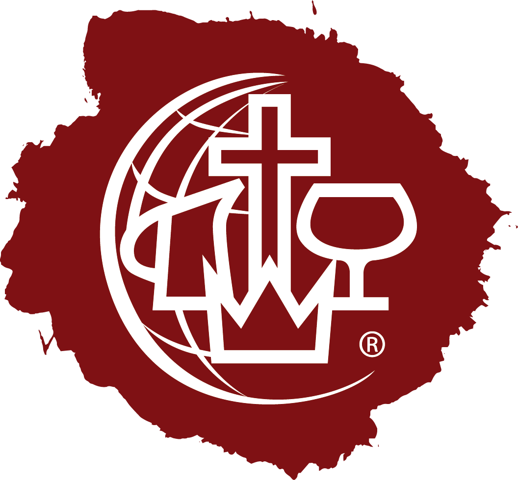 A stylized logo of a cross, goblet, and bread on a red background with a circular design element.