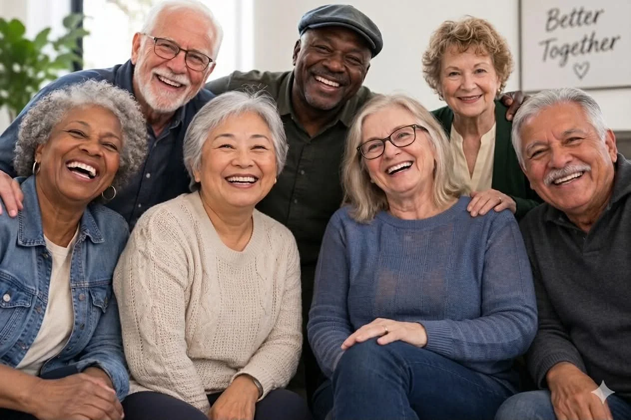 A diverse group of eight happy seniors smiling and posing together indoors, with a sign in the background that reads 'Better Together'.