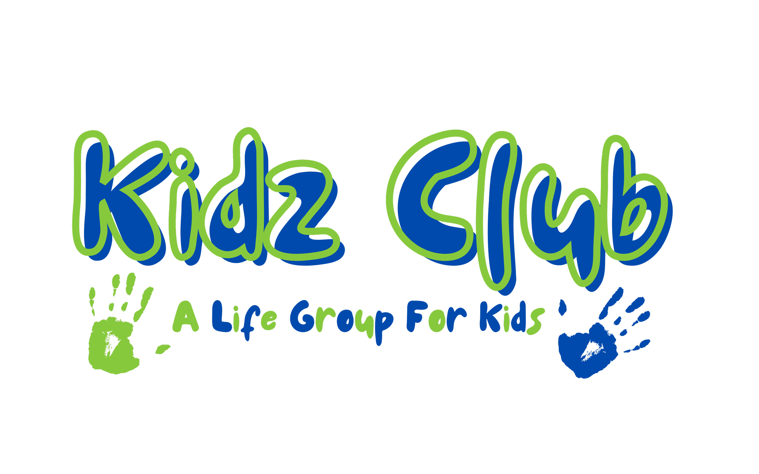 Colorful logo for Kids Club, a children’s group, with blue and green text and handprints.