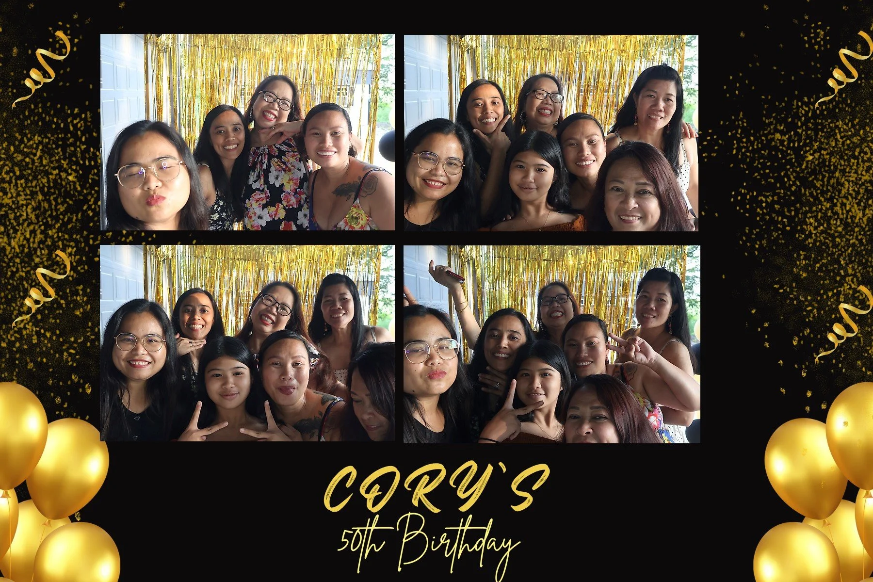 Photo booth collage of a group of women celebrating a 50th birthday, with golden balloons and a gold tinsel backdrop, capturing various joyful moments and poses.