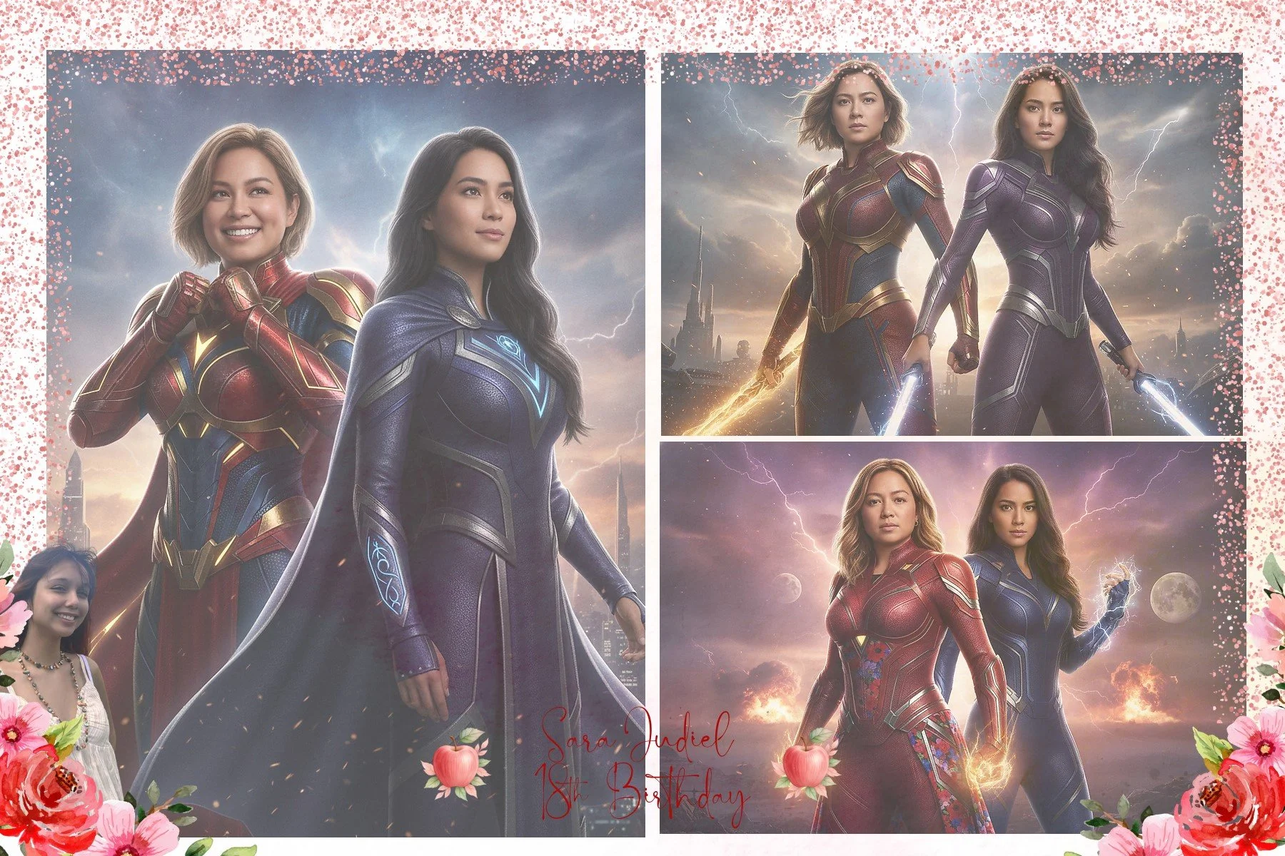 A collage of images from a Marvel movie featuring female superheroes in their costumes, with a pink and flower border. The central image shows two women in superhero outfits, one in red and gold armor and the other in purple. Other images show different poses of these women against stormy backgrounds with lightning. At the bottom center, there is text that reads 'Sara Judiel 18th Birthday' with decorative flowers and apples surrounding the text.