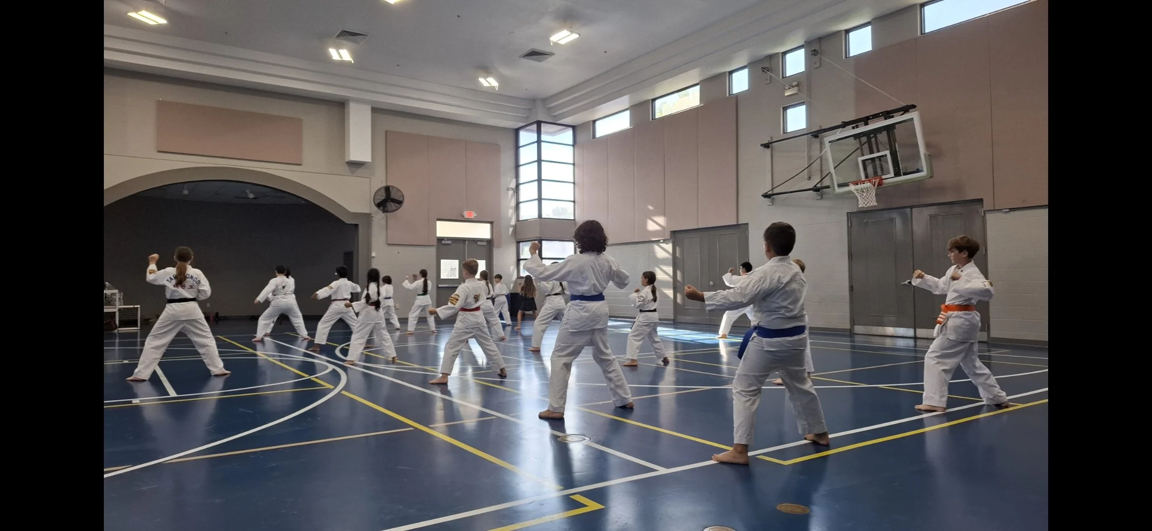 Kids practicing martial arts in a gymnasium with a basketball hoop and high windows.