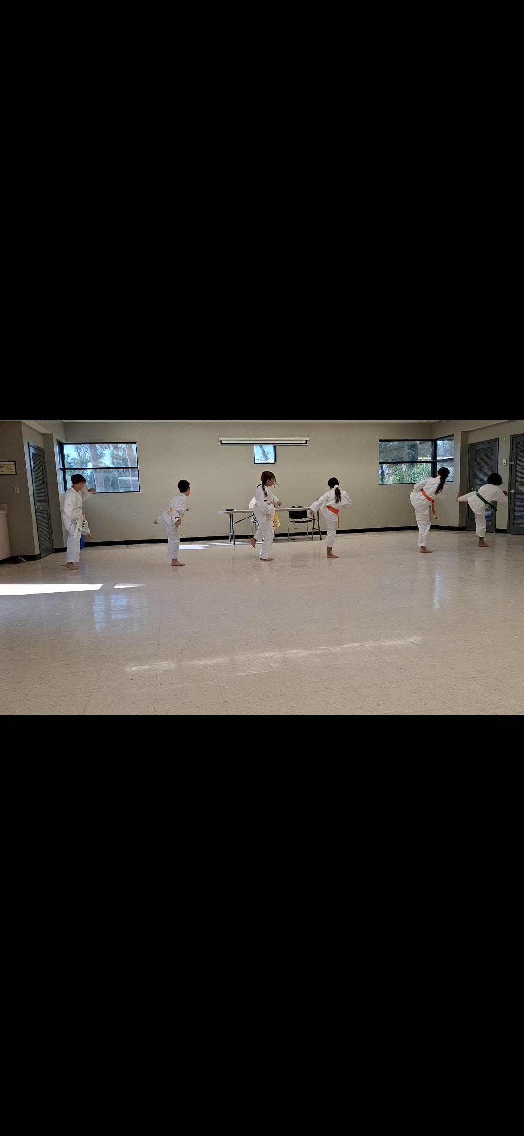 Six children practicing martial arts in a spacious, well-lit room with large windows, wearing white uniforms with colored belts.