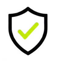 Green checkmark inside a shield outline on a black background, symbolizing security or verification.