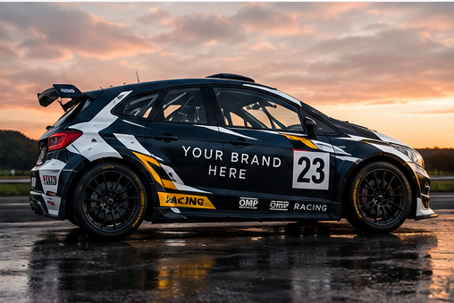 Black racing car with yellow and white graphics, racing number 23, under a cloudy sunset sky.