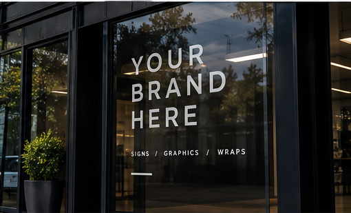storefront window with placeholder text 'Your Brand Here' and smaller text below saying 'Signs, Graphics, Wraps'.