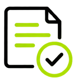 Icon of a document with lines of text, a circular checkmark badge overlaid, representing approval or completion.