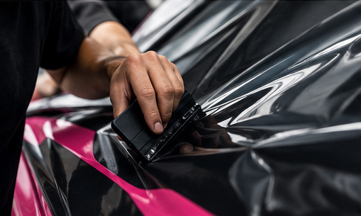 Person using a handheld tool to apply vinyl decals to a car's surface.