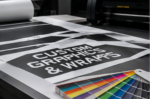 Printing machine producing custom graphics and wraps, with a color swatch fan deck nearby.